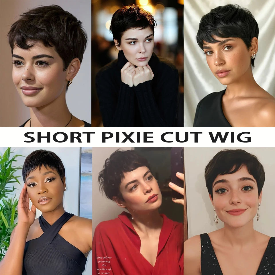 Short Black Pixie Cut Human Hair Wig With Bangs for Women