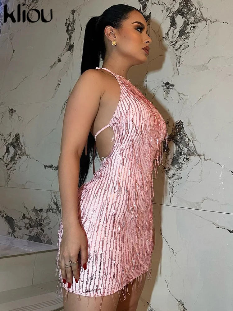 Shiny Tassel Halter Backless Mini Party Dress for Women
