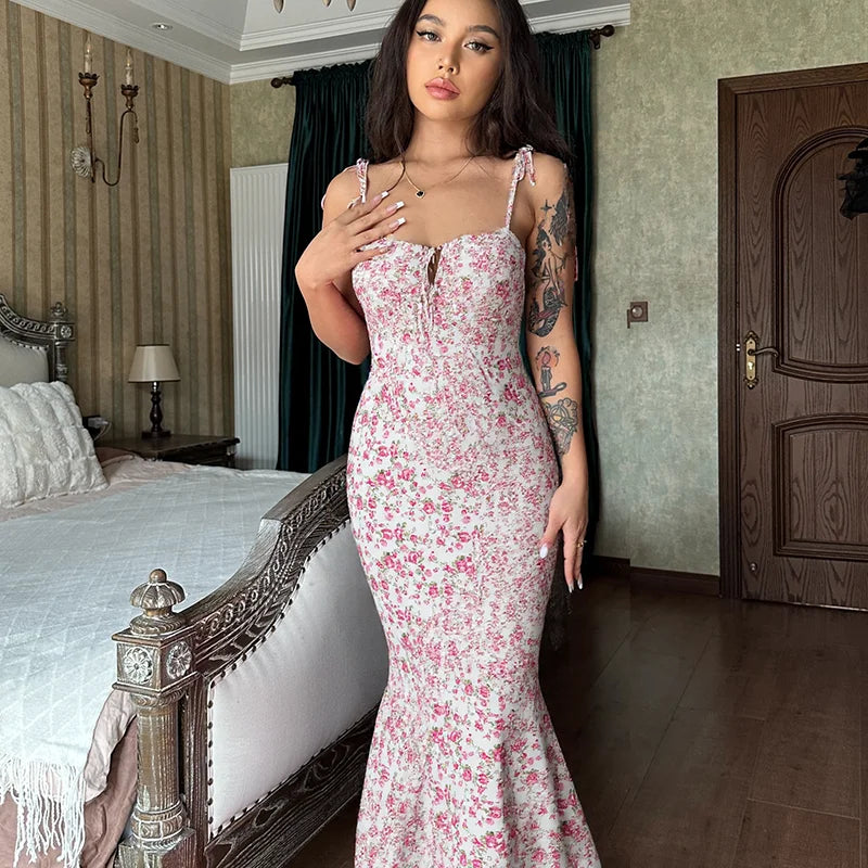 Sleeveless Floral Print Lace Up Backless Maxi Dress for Women