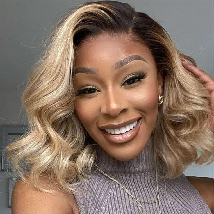 Honey Blonde Shadow Root Body Wave Bob Lace Front Wig for Women