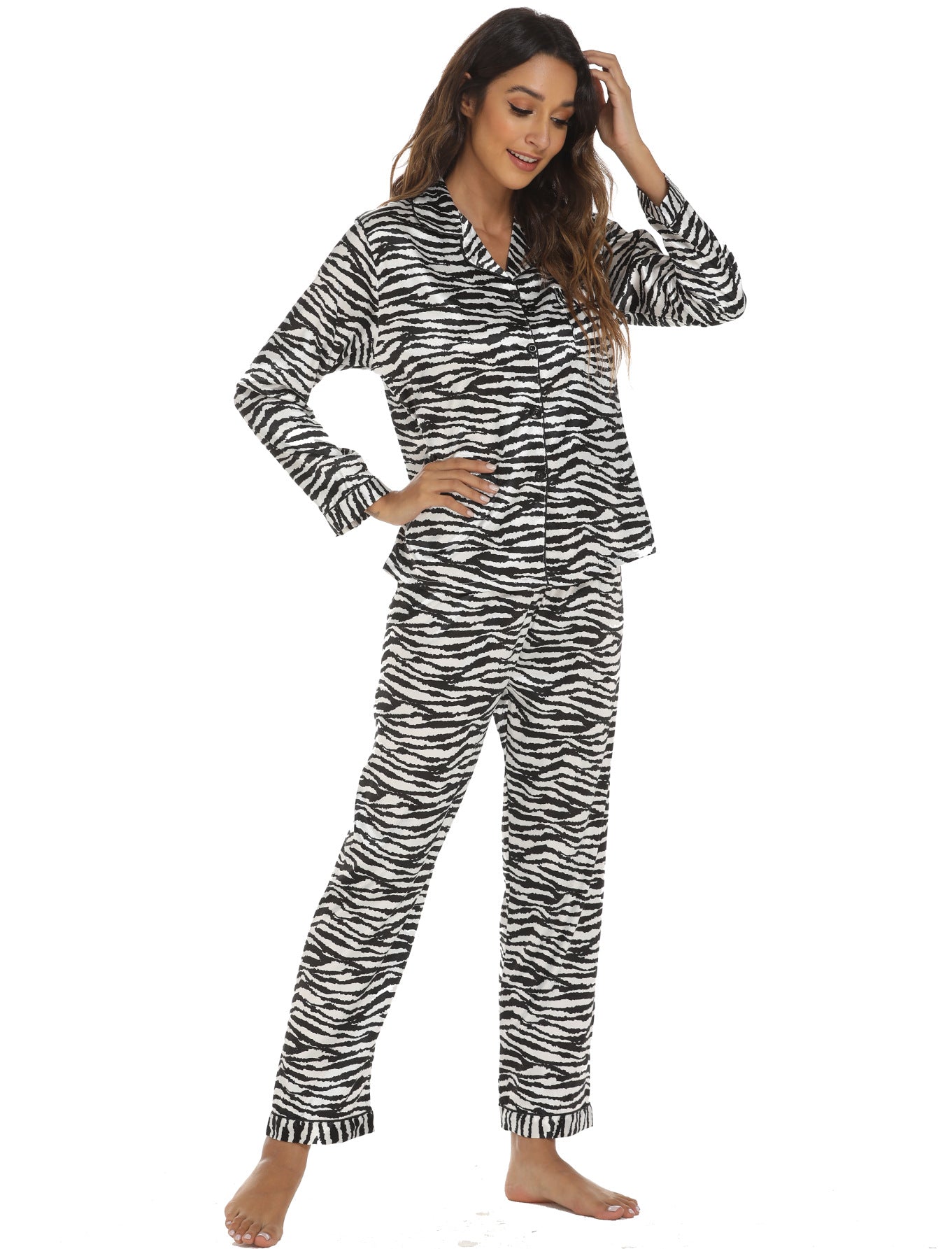 Women 2 Pieces Satin Pajamas Set Spring Autumn Long Sleeve Button Up Shirt and Casual Loose Elastic Pants Sleepwear Loungewear