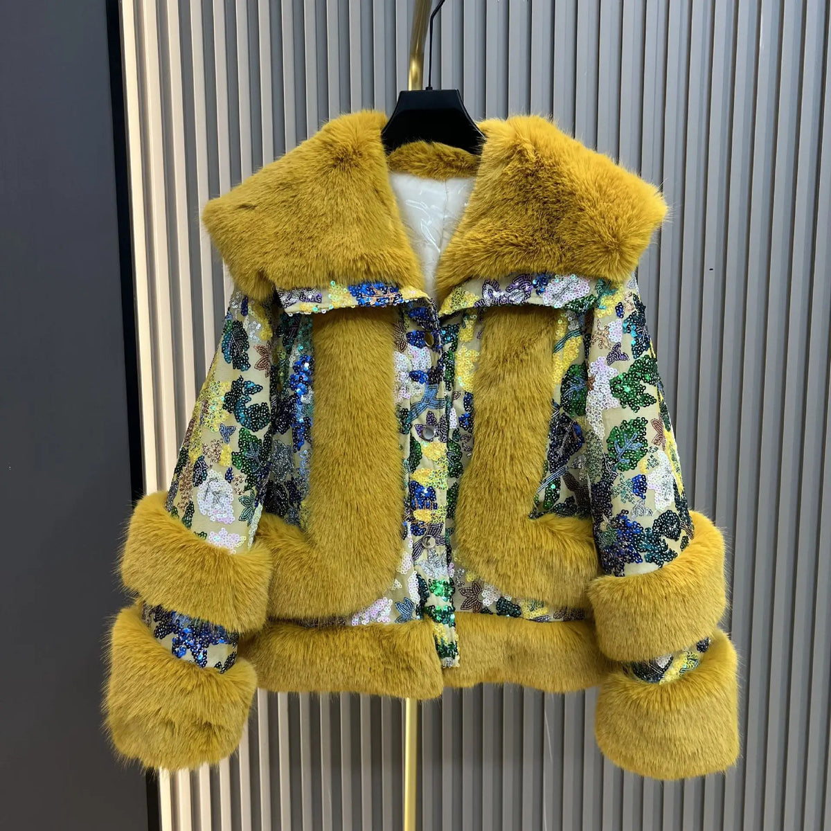 Purple Sequined Faux Fur Coat