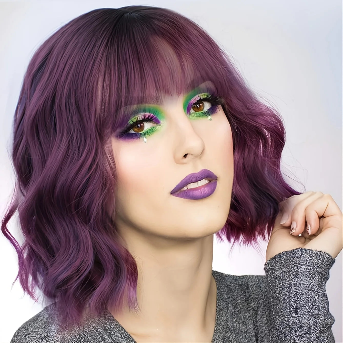 Heat Resistant Blue Body Wave Bob Wig With Bangs For Women