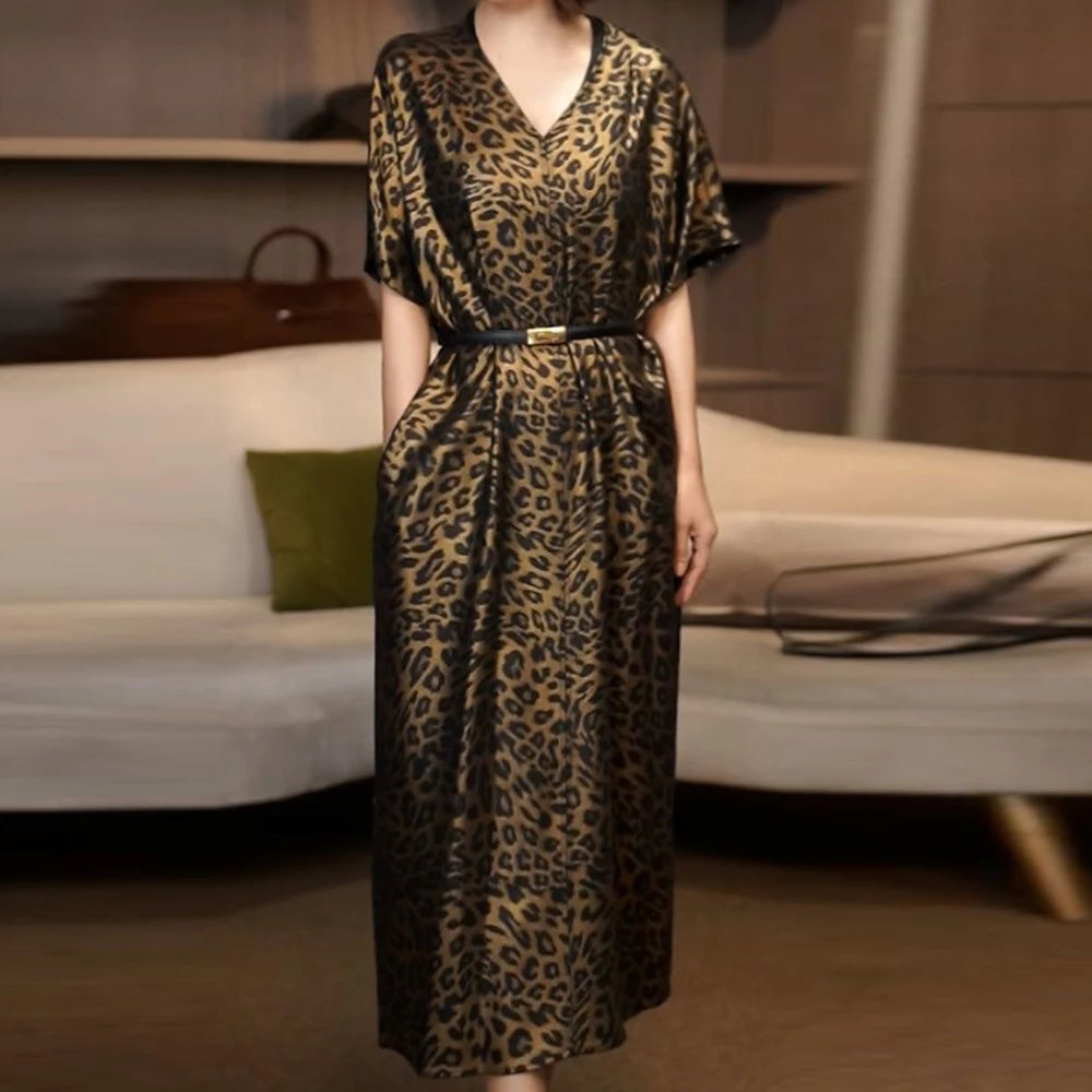 Lightweight Leopard Print V Neck Midi Dress For Women
