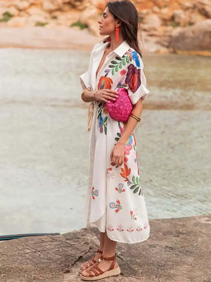 Bohemian Printed Lace-Up Loose-Fit Midi Dress for Women