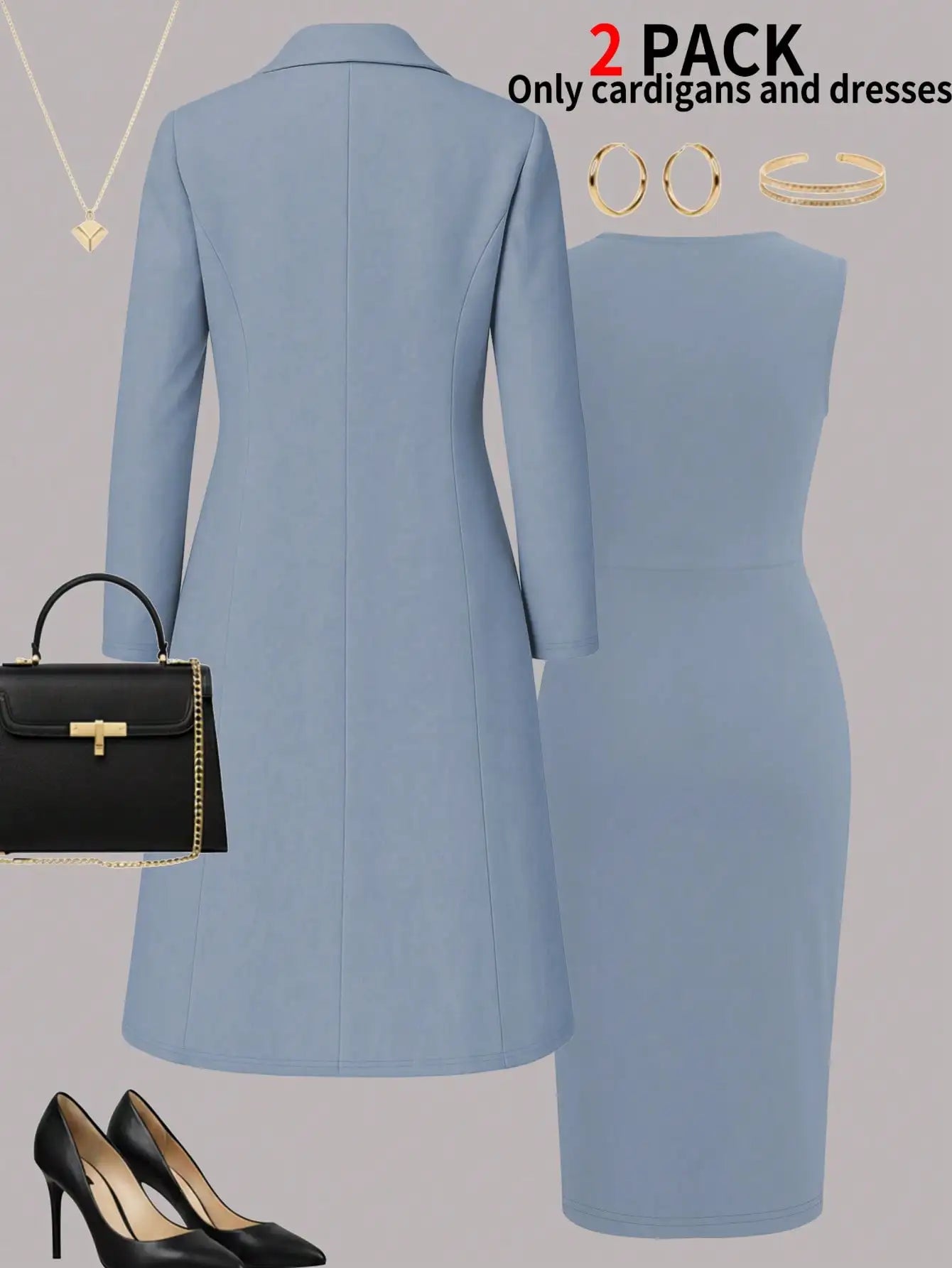 Women's New Autumn and Winter Elegant Set: Solid Color Long-Sleeved Open-Front Blouse, Long Coat + Versatile Fitting Mid-Length Sleeveless Buttoned Dress Two-Piece Set
