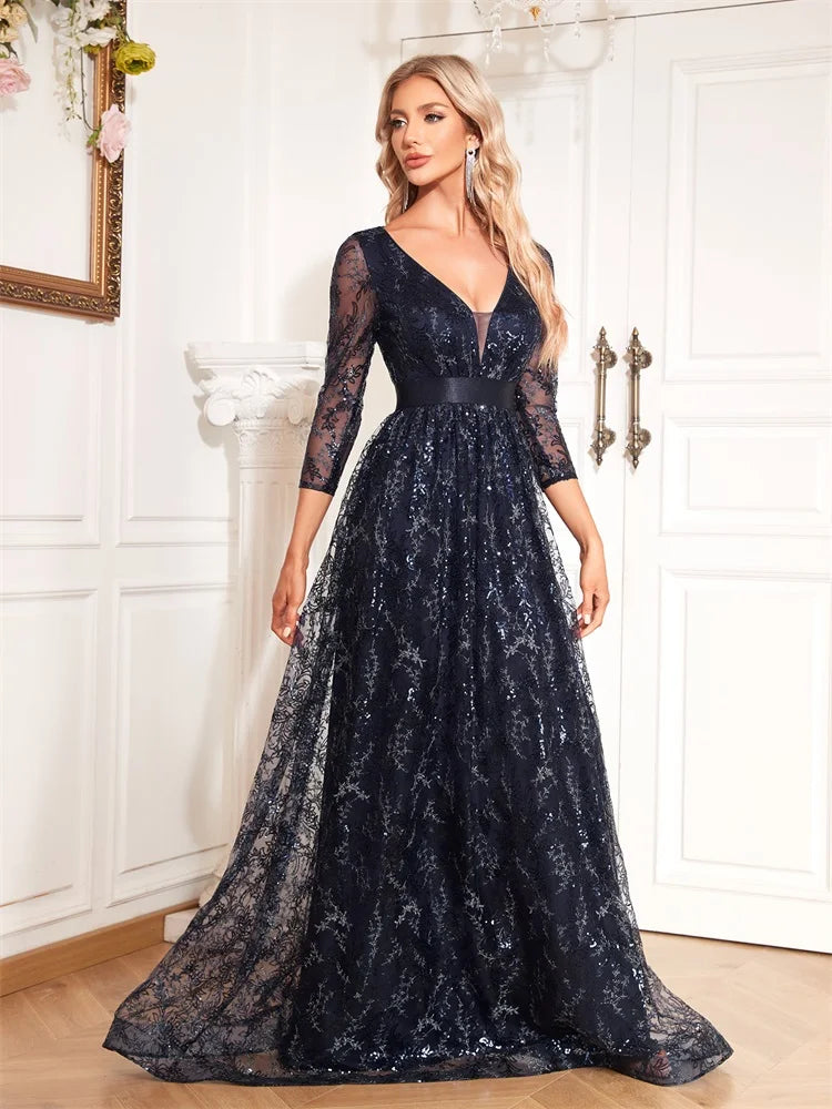 New Elegant Blue V-Neck Floral Evening Dress Long 2025 Luxury Women Long Sleeve Wedding Party Cocktail Dress Prom