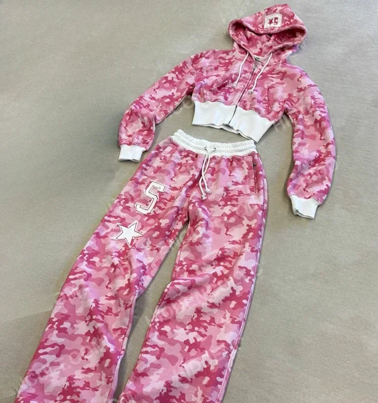 Letter Embroidery Zip Hoodie Set