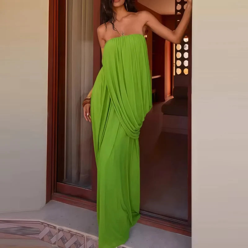 Elegant Strapless Backless Pleated Slit Maxi Dress for Women
