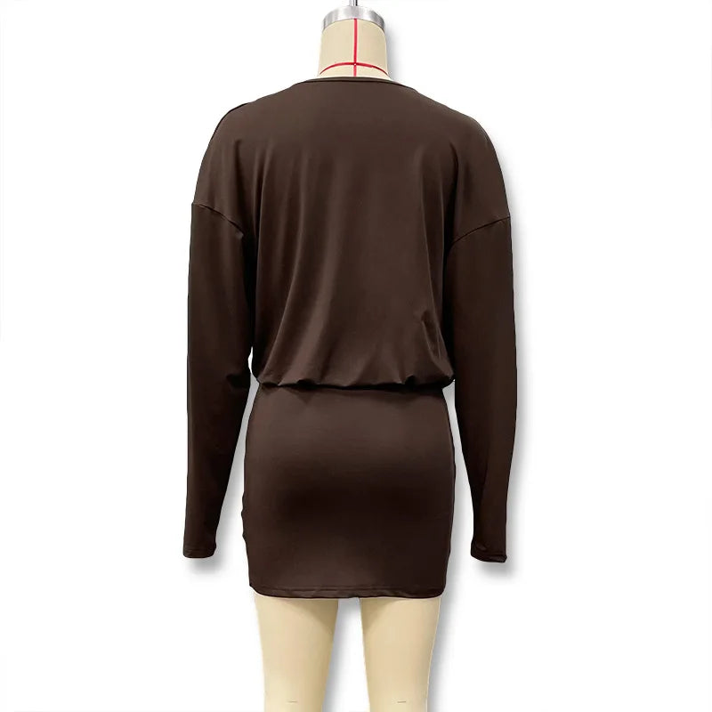 Solid Color Long-Sleeved V-Neck Mini Dress for Women