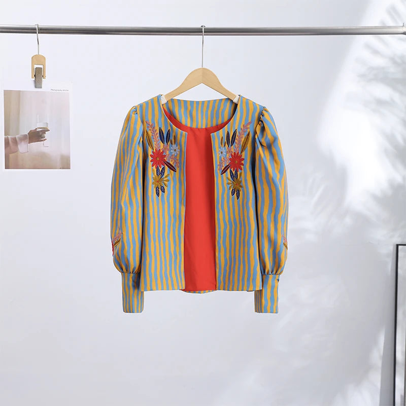 Elegant Striped Embroidered Open Stitch Jacket for Women