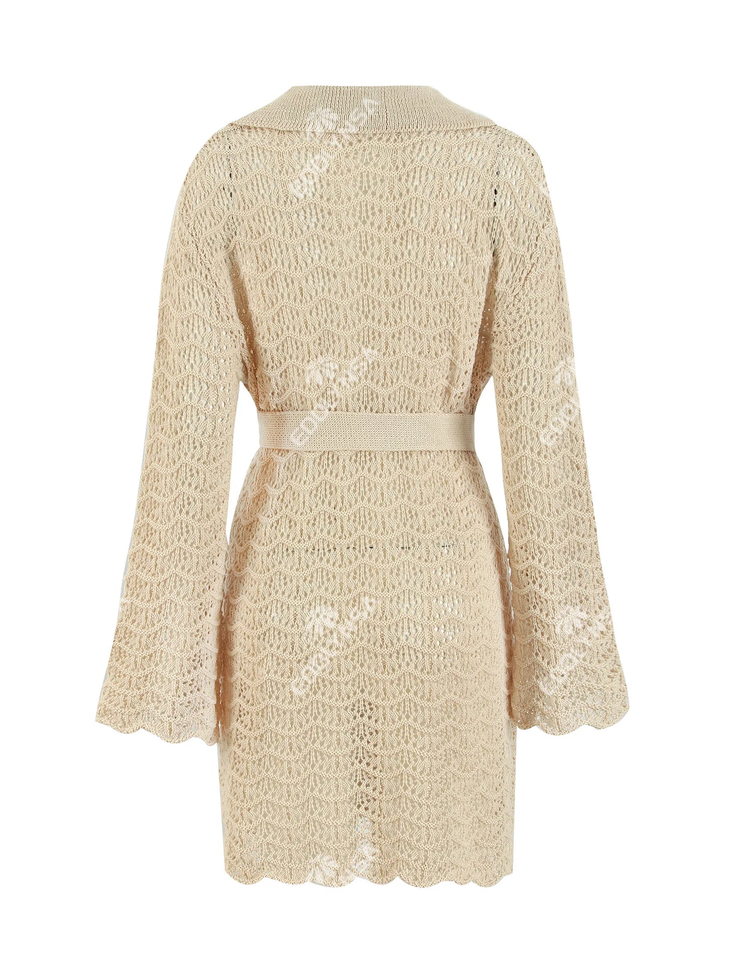 Sexy Shirt V-neck Bell Sleeve Hollow Out Knitted Belted Beach Mini Dress 2025 Summer Swimsuit Cover Up Women's Casual Outfit K16