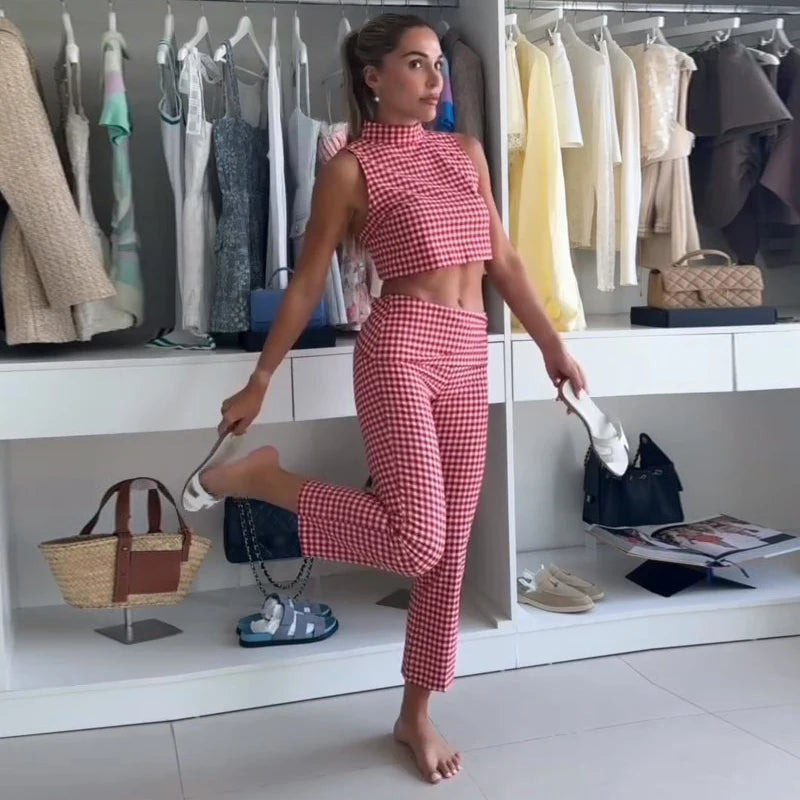 Casual Plaid Vest And Pleated Pants Set Beachwear for Women