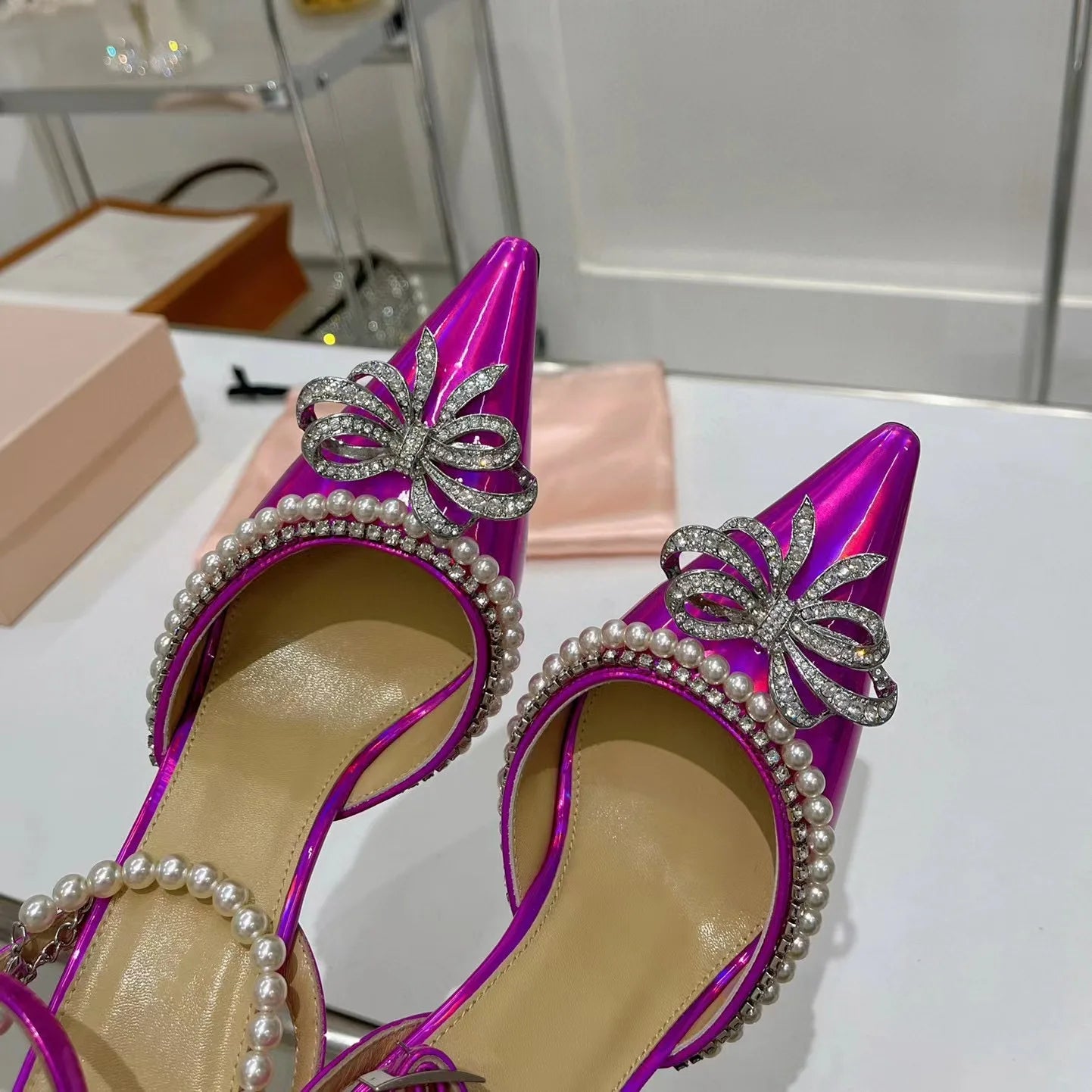 Candy Color Crystal Bow Pearls Buckle Sandals Design Women Rhinestones Bow Pointed Toe Pearls Buckle Slingback 8Cm Heel Sandals