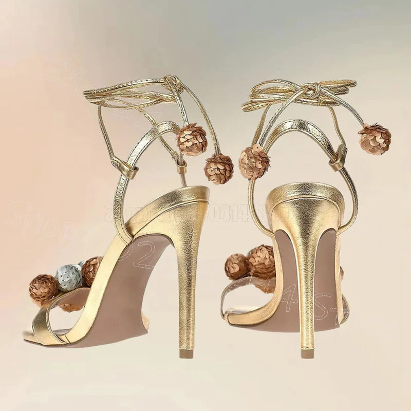 Sequined Ball Design Gold Open Toe Lace Up Sandals for Women