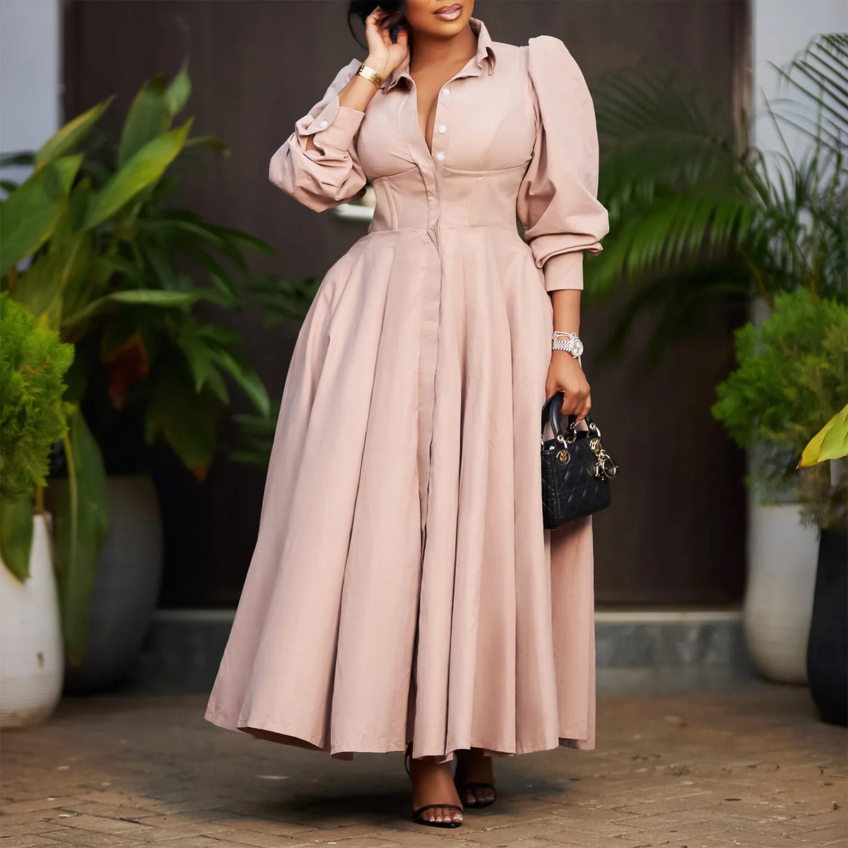 Plus Size V-Neck Long Sleeve Ankle-Length Dress for Women