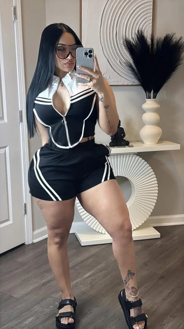 FAGADOER Casual Stripe Patchwork 2 Pieces Set for Woman Sleeveless Zipper Top and Pockets Shorts Outfits Female Sportywear New