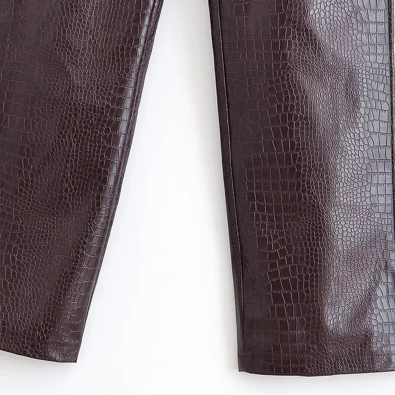 PU Leather Turn-Down Collar Jacket and Pants Set for Women