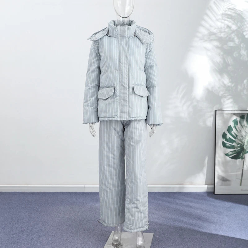 Striped Hooded Puffer Jacket and Wide Leg Pants Set for Women