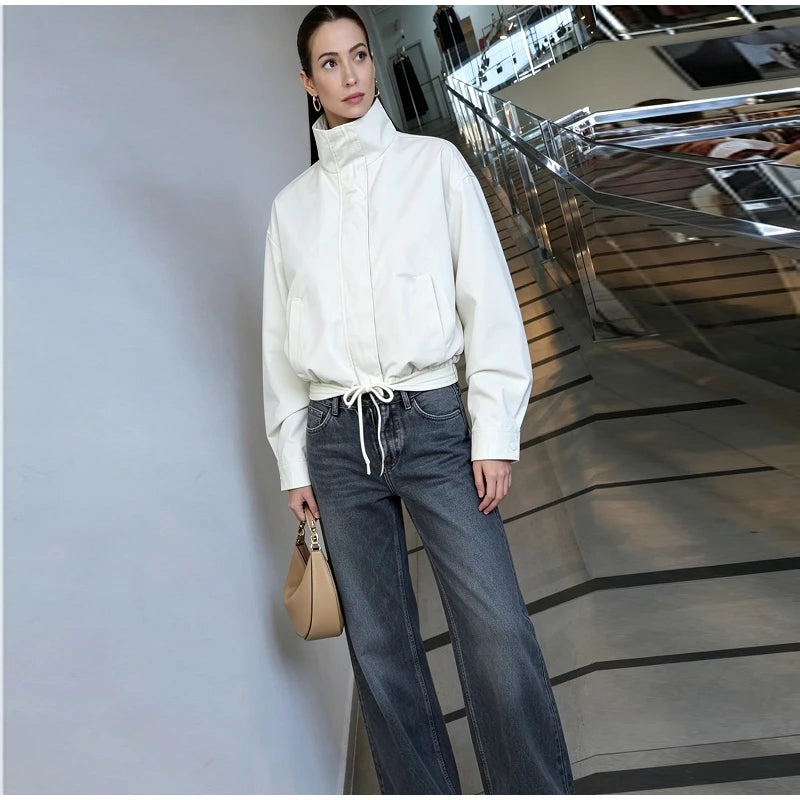Casual Solid Jacket With Stand Collar And Pockets for Women
