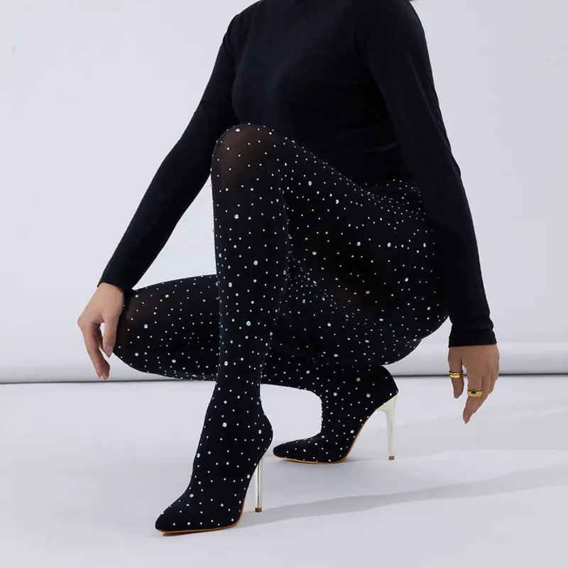 Black Lace Crystal Pointed Toe Over The Knee Boots For Women