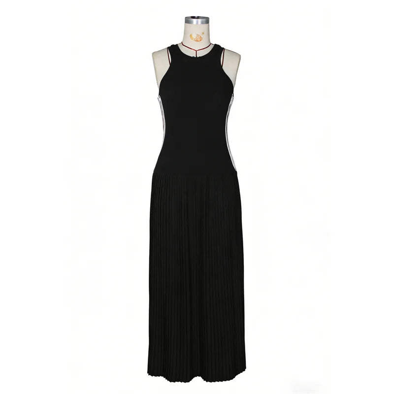 Side Striped Patchwork Pleated Sleeveless A Line Dress for Women