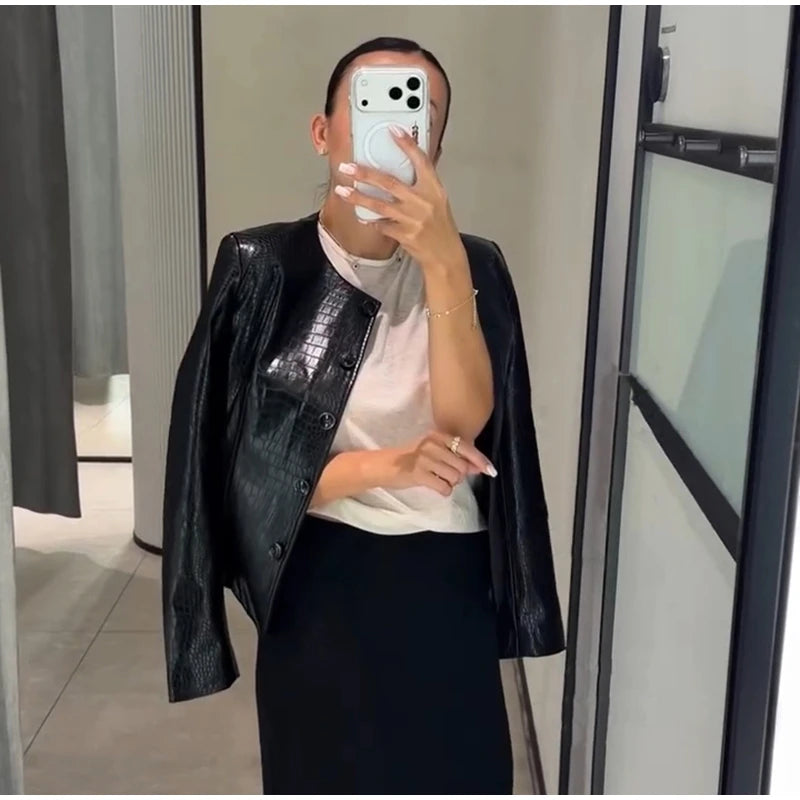 Slim Fit Single Breasted Faux Leather Jacket for Women