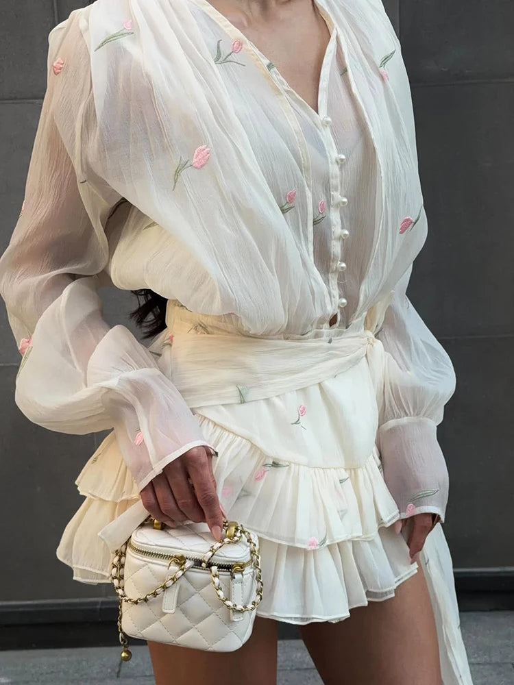 Elegant Print V-Neck Long Sleeve Pleated Patchwork Dress for Women