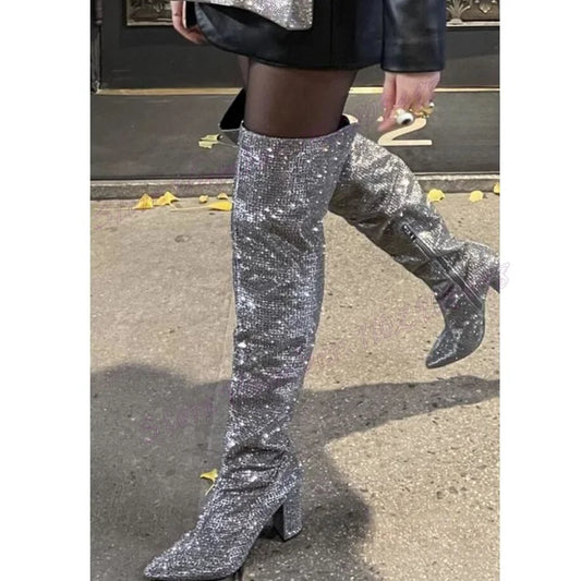 Silver Crystal Decor Chunky Heels Boots Knee High Pointed Toe Shoes for Women Luxury Sexy Party Shoes 2025 Zapatos Para Mujere