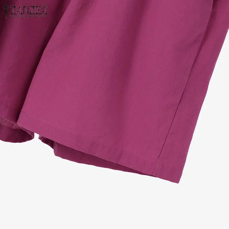 ZANZEA Woman Vintage Solid Matching Sets Spring Casual Street Suit Long Sleeve Lapel Shirt Loose Shorts Elegant Tracksuit