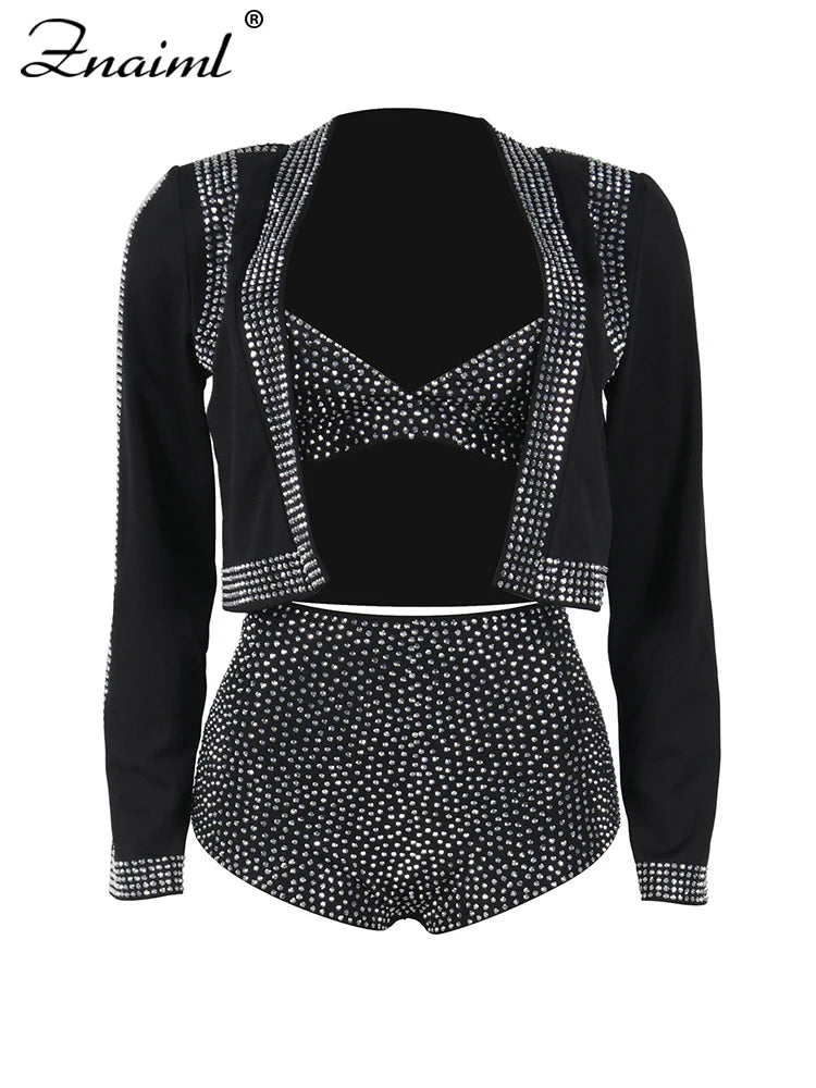 Znaiml Luxury Black Rhinestone Outfits Women Jacket Bra Crop Top and Shorts 3 Pieces Set Elegant Birthday Night Club Prom Suits