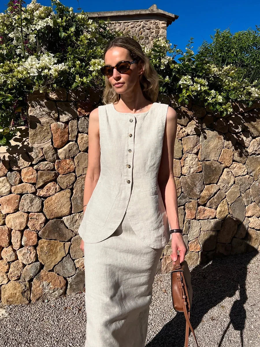Breathable Linen High Waist Vest And Skirt Set For Women