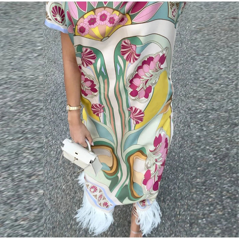 Elegant Floral Print Feather Hem Maxi Dress For Women