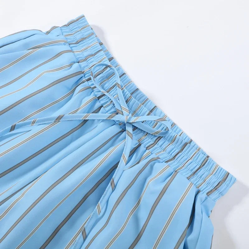 Blue Striped Puff Shoulder Shirt And Pants Set For Women