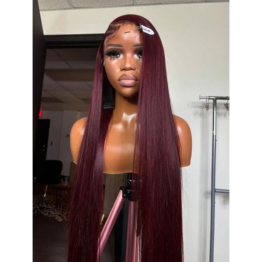 Straight Burgundy Transparent Lace Frontal Wig For Women