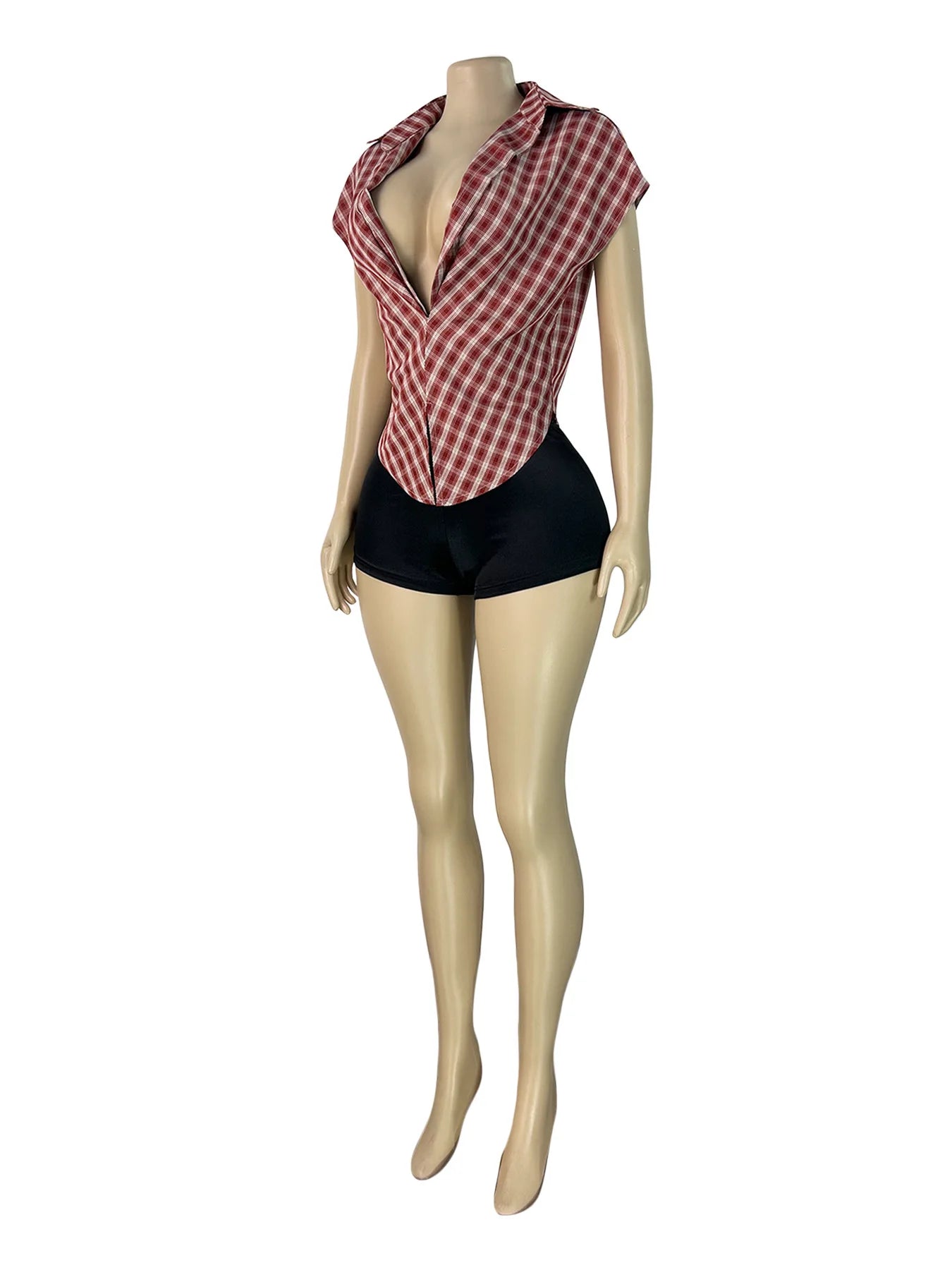 Plaid Print Deep V Neck Sleeveless Hollow Two Piece Set for Women