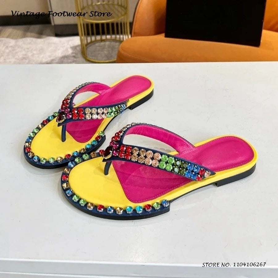 Colorful Crystal Embellished Flat Flip Flops for Women