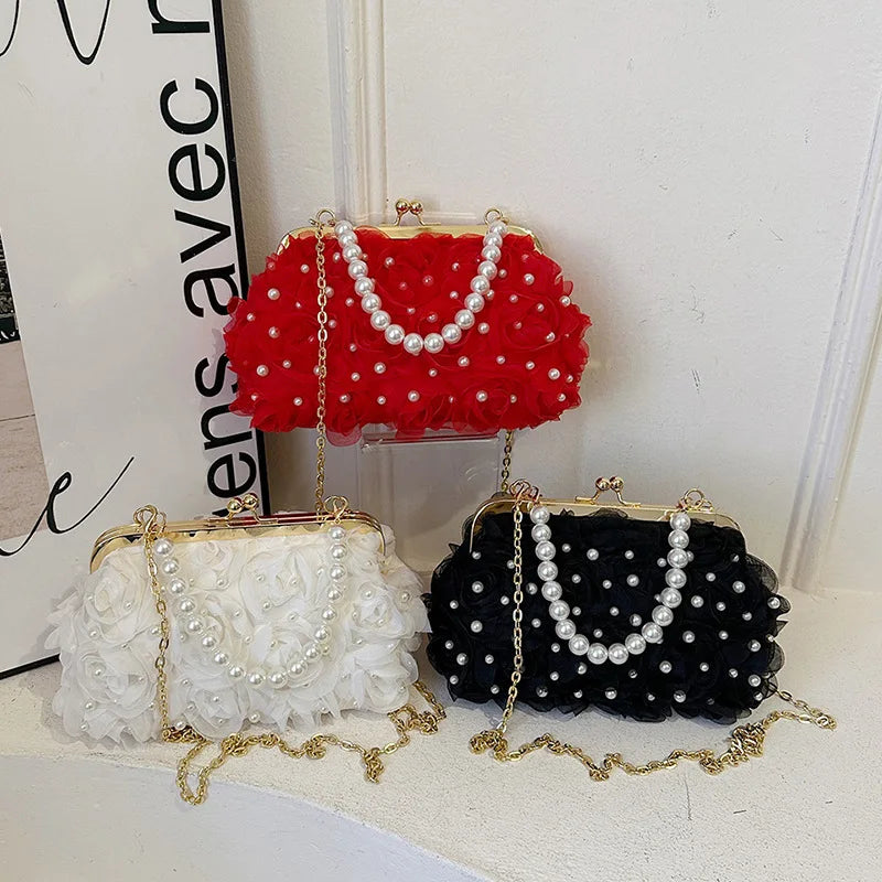 Pearl Floral Chain Evening Crossbody Bag