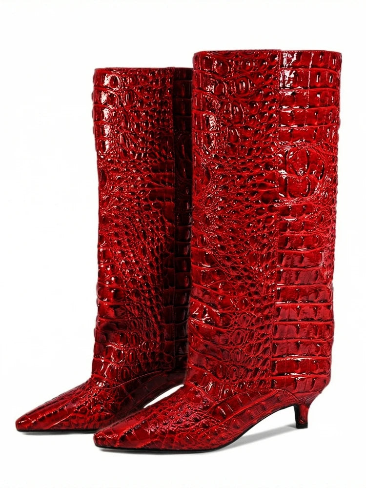 Crocodile Print Wide Shaft Kitten Heel Knee High Boots for Women