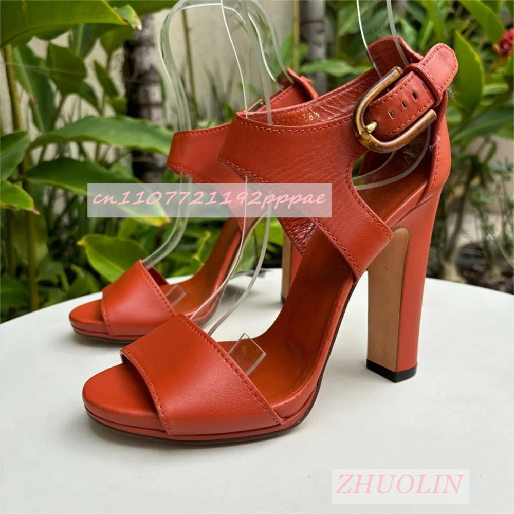 Orange Leather Block Heel Open Toe Buckle Strap Heels for Women