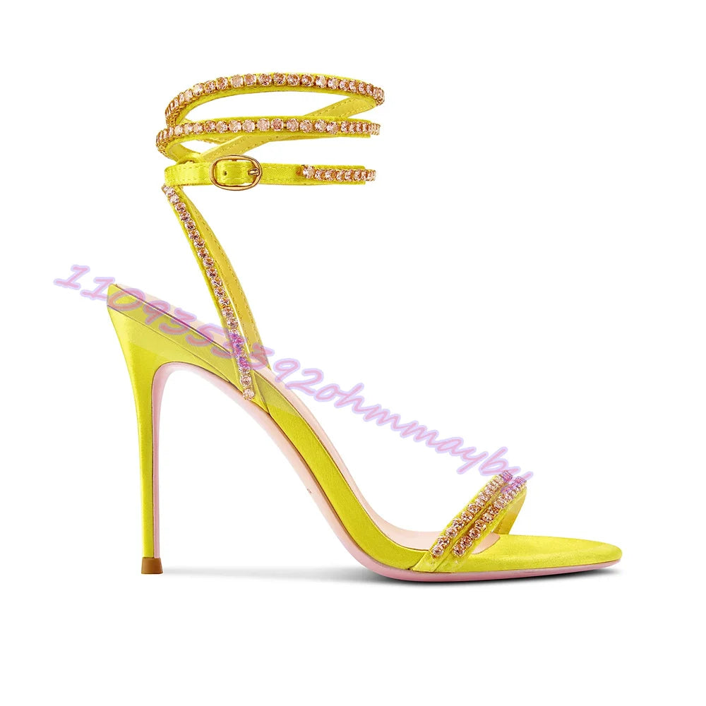 Rhinestone Open Toe Ankle Wrap Stiletto Sandals for Women