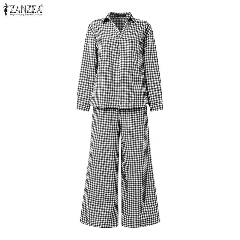 Gingham Blouse And Wide Leg Pants Set
