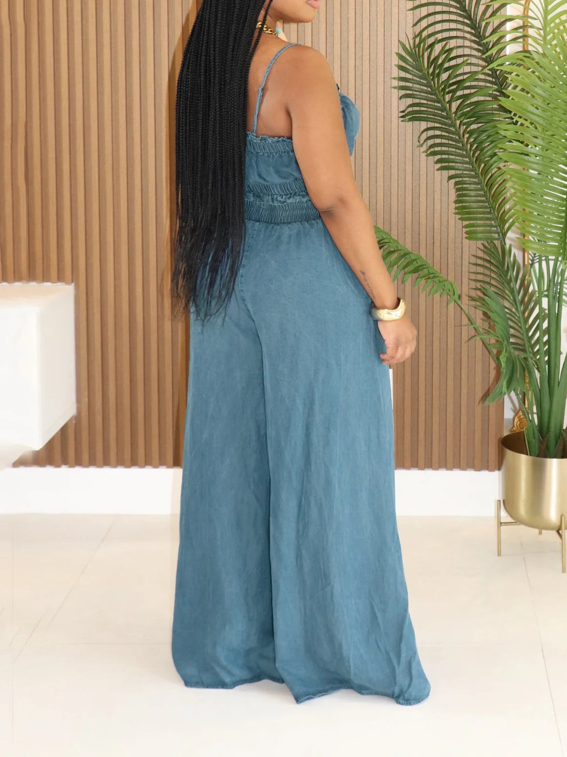 Ruched Spaghetti Strap Denim Two Piece Set for Women