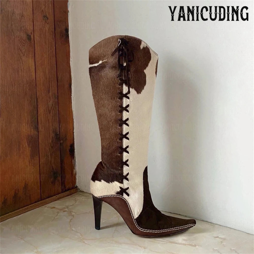 Pointed Toe Western Knee High Stiletto Boots for Women