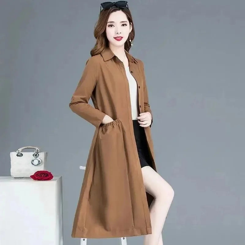 Fashion Windbreaker Women's Mid-Length And Thin Spring Summer Autumn Big Pocket Coat Female Popular Temperament Mother Jacket5XL