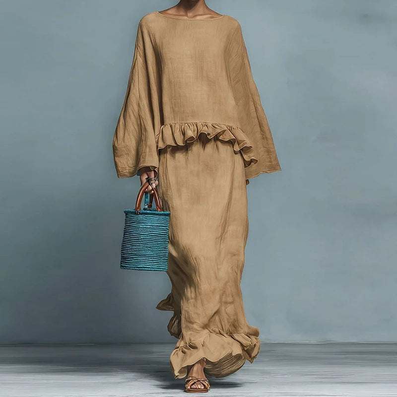 O Neck Long Sleeve Two Piece Maxi Skirt Set for Women