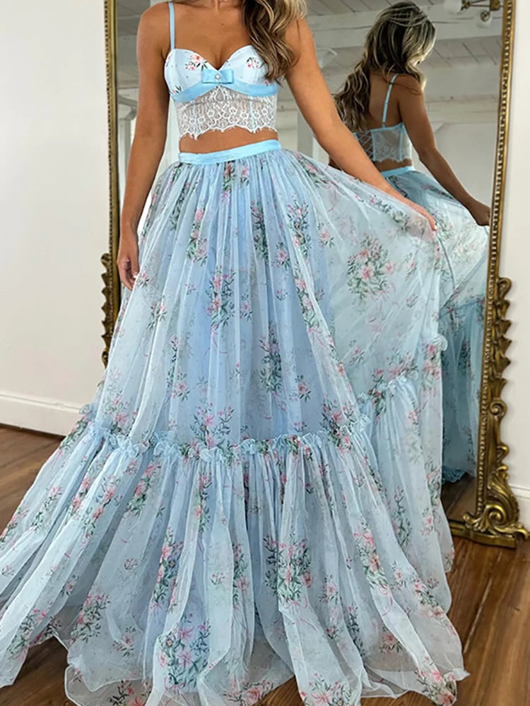 Printed Spaghetti Strap Top and Maxi Skirt Set for Women