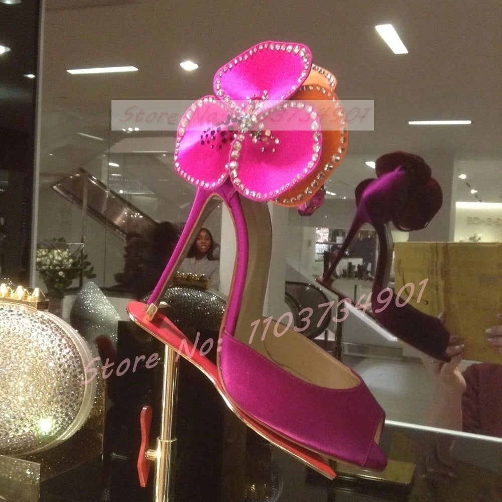 Pink Satin Crystal Peep Toe Stiletto Sandals for Women