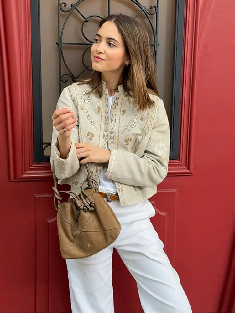 Urban Print Coat Stand Collar Long Sleeve for Women
