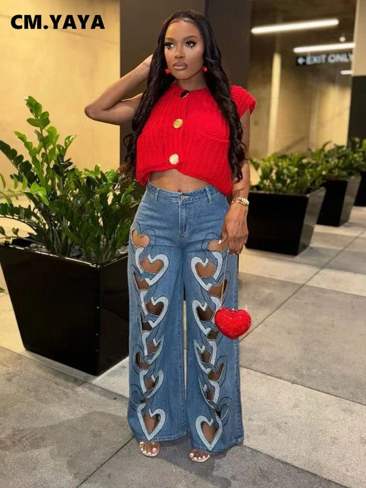 CM.YAYA Women Vintage Cutout Love Hollow Out Cross Straight Denim Pants 2025 Fall Fashion INS High Waist Wide Leg Jeans Trousers